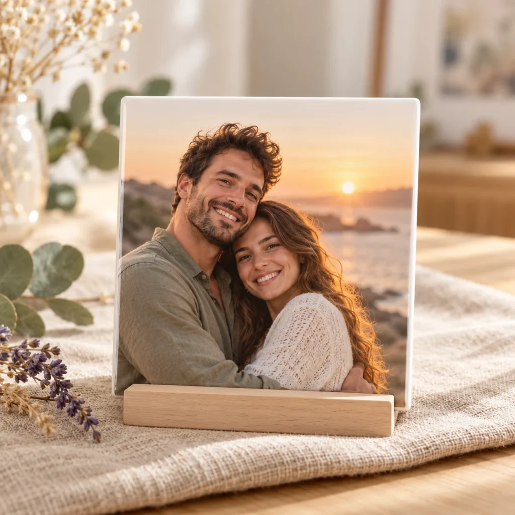 Azulejo personalizado com foto de casal e suporte de madeira