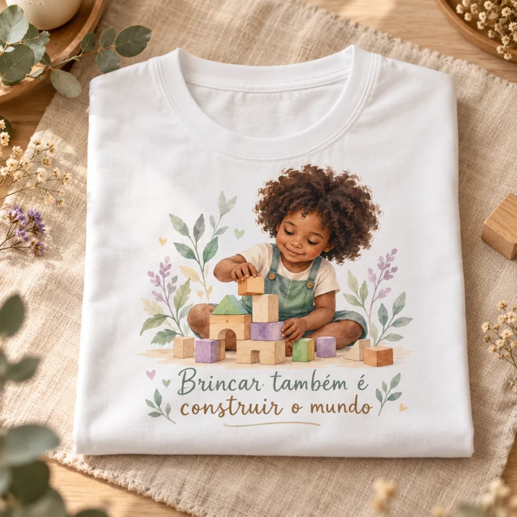 Camiseta branca personalizada por sublimação com ilustração infantil
