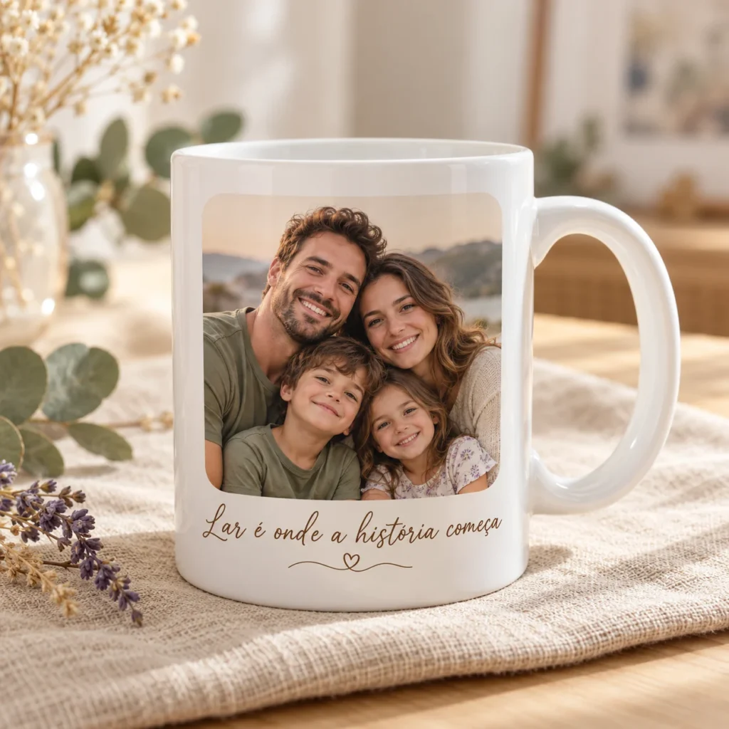 Caneca de porcelana personalizada com foto de família