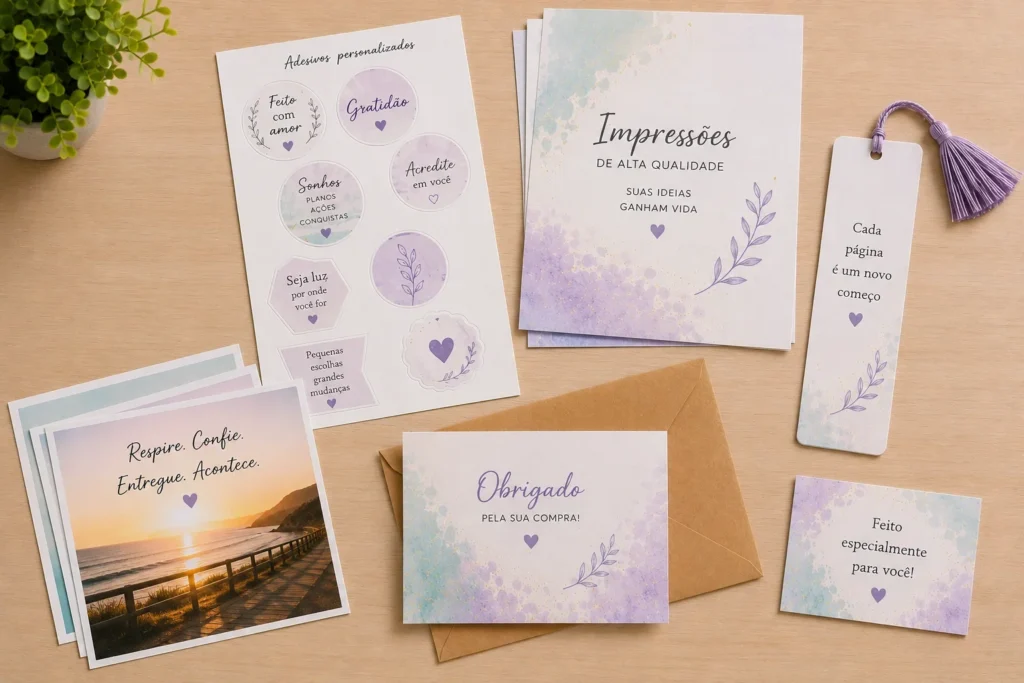 Papelaria personalizada: adesivos, cartões e marca-páginas