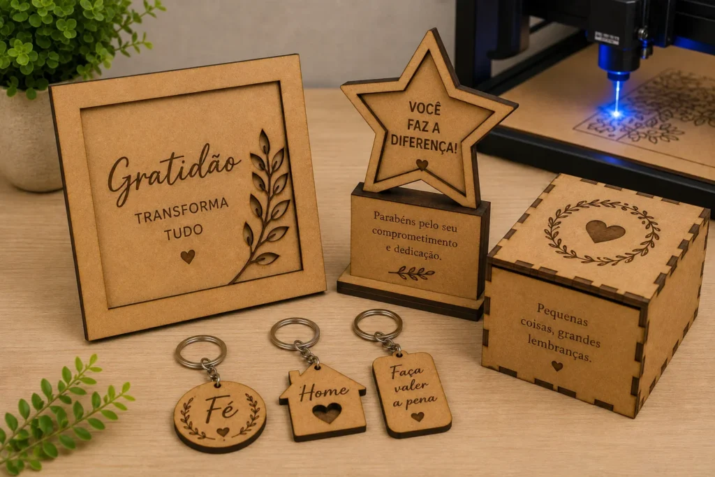 Peças em MDF com corte e gravação a laser